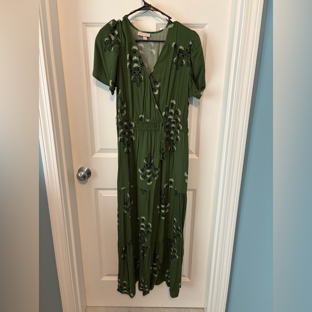Knox Rose Army Olive Green Black Floral Faux Wrap Maxi Dress Size Large - EUC!